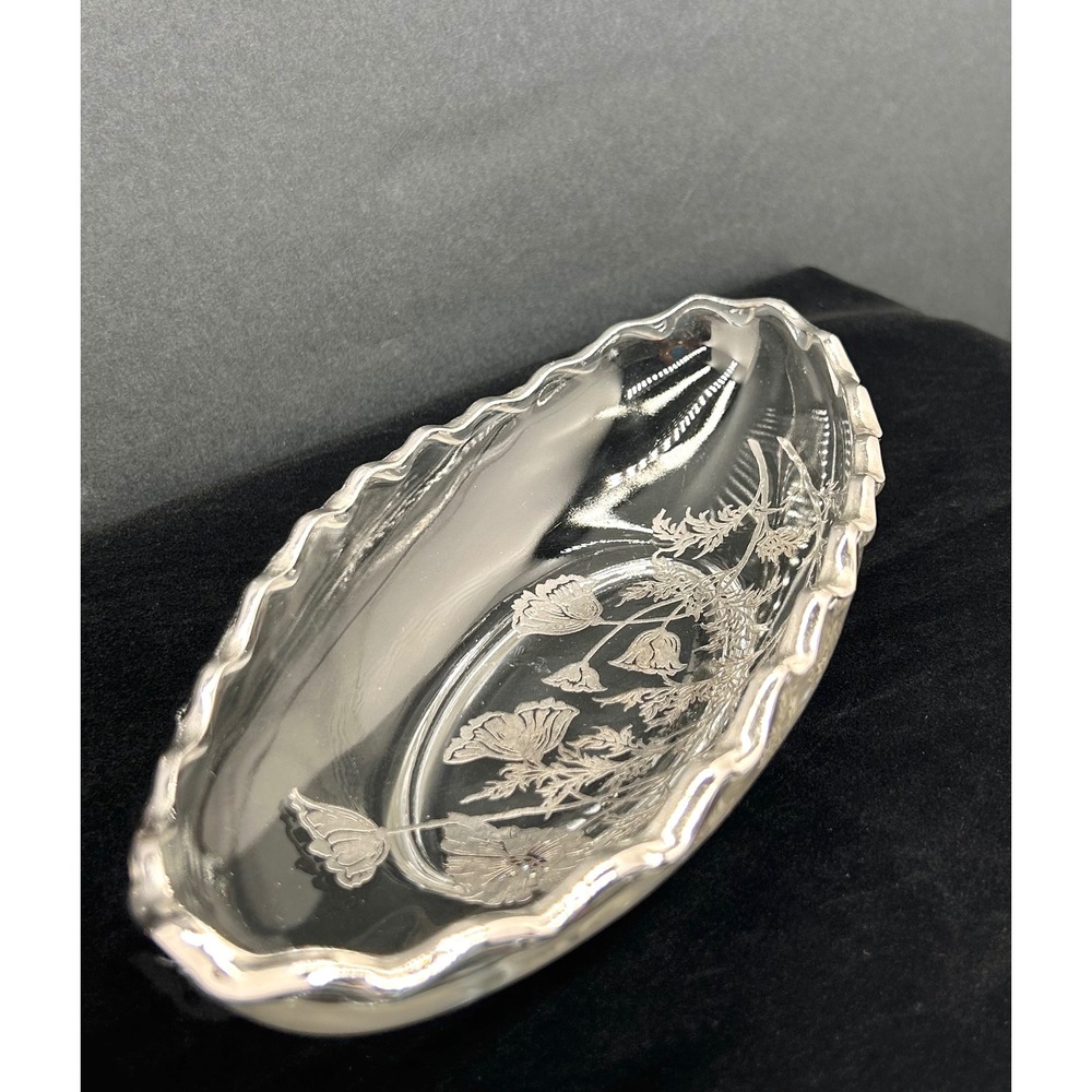 Vintage Silver Overlay Poppy Glass Relish Dish Scalloped Oval Boat Bowl Clear
